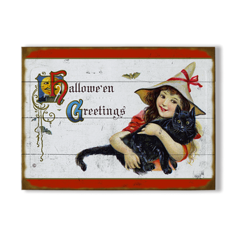 Girl & Black Cat Halloween Greetings Sign