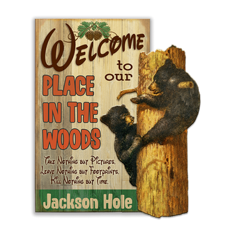 Bear Cubs in Tree (2pc) Sign - Wood