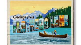 Wood plank sign that reads greeting from flathead lake, design as wall art from oldwoodsigns.com