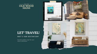 Images of wooden travel and map signs, hung up on walls inside homes for decor.