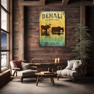Alaskan Twilight: Moose in Denali - Wood & Metal Wall Art Wood & Metal Signs Old Wood Signs