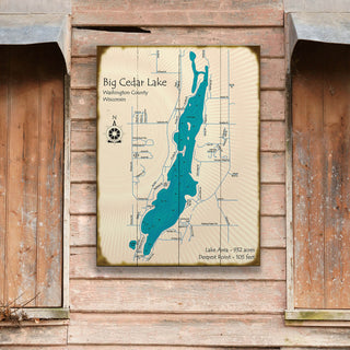 Big Cedar Lake, Wisconsin - Wood & Metal Wall Art Wood & Metal Signs Lake Art