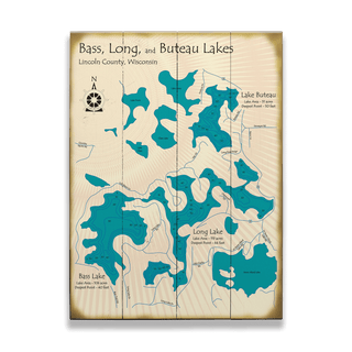 Bass, Long, and Buteau Lakes, Wisconsin - Wood & Metal Wall Art Wood & Metal Signs Lake Art