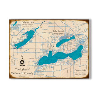 The Lakes of Walworth County, Wisconsin - Wood & Metal Wall Art Wood & Metal Signs Lake Art